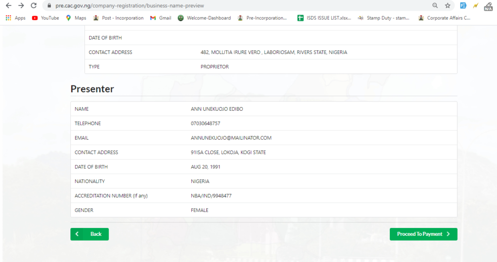 CAC business registration payment